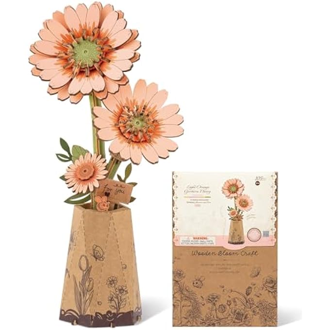 3D WOODEN FLOWER PUZZLE LIGHT ORANGE GERBERA, MODEL KITS FOR ADULTS TO ASSEMBLE, ARTIFICIAL ETERNAL FLOWERS, DIY CRAFT SET, VALENTINE'S DAY, MOTHER'S DAY AND CHRISTMAS - Image 1